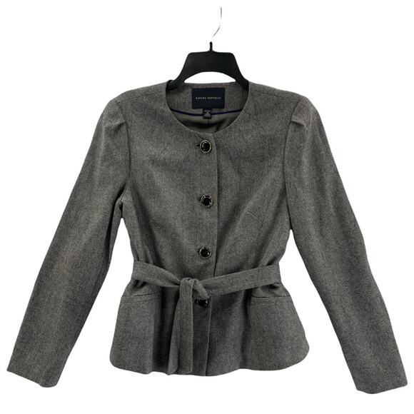 Banana Republic Womens Jacket Black White Herringbone Buttons Belted Stretch 10 - Picture 1 of 12